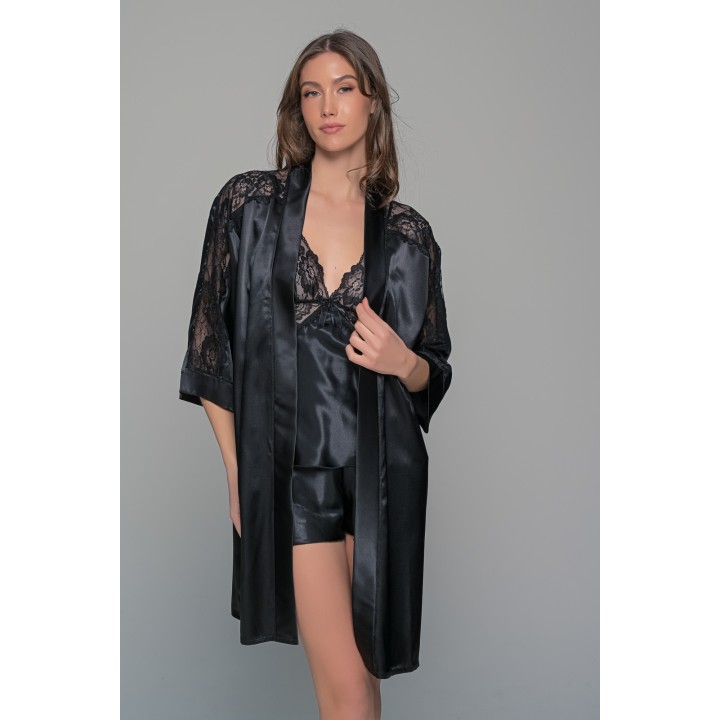 Σατέν Ρόμπα με Δαντέλα - Μαύρο