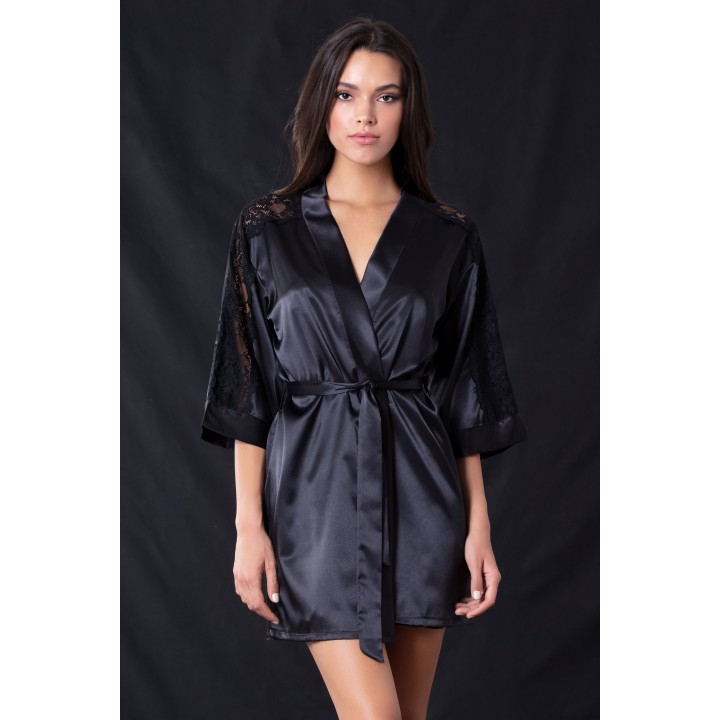 Σατέν Ρόμπα με Δαντέλα - Μαύρο