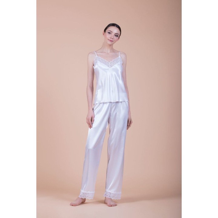 Νυφική Πυζάμα Σατέν Δαντέλα V Ντεκολτέ - Λευκό