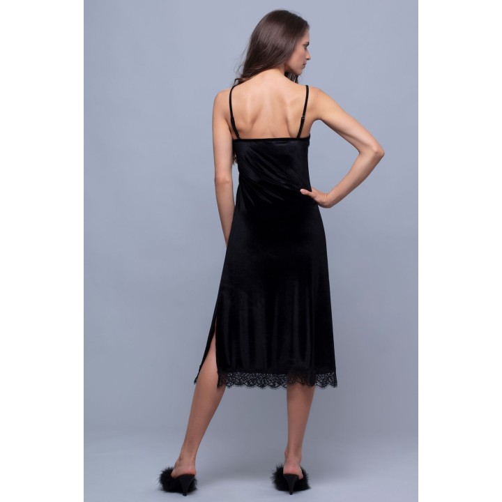 Midi Βελούδινο Φόρεμα - Μπλε-μαύρο