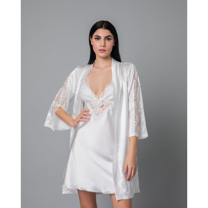Νυφική Σατέν Ρόμπα με Δαντέλα - Ιβουάρ