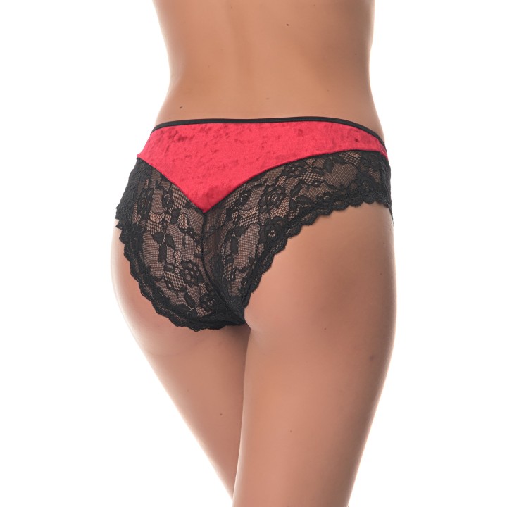 Βελούδινο Ψηλόμεσο Μπικίνι με Δαντέλα - Ρουμπινί
